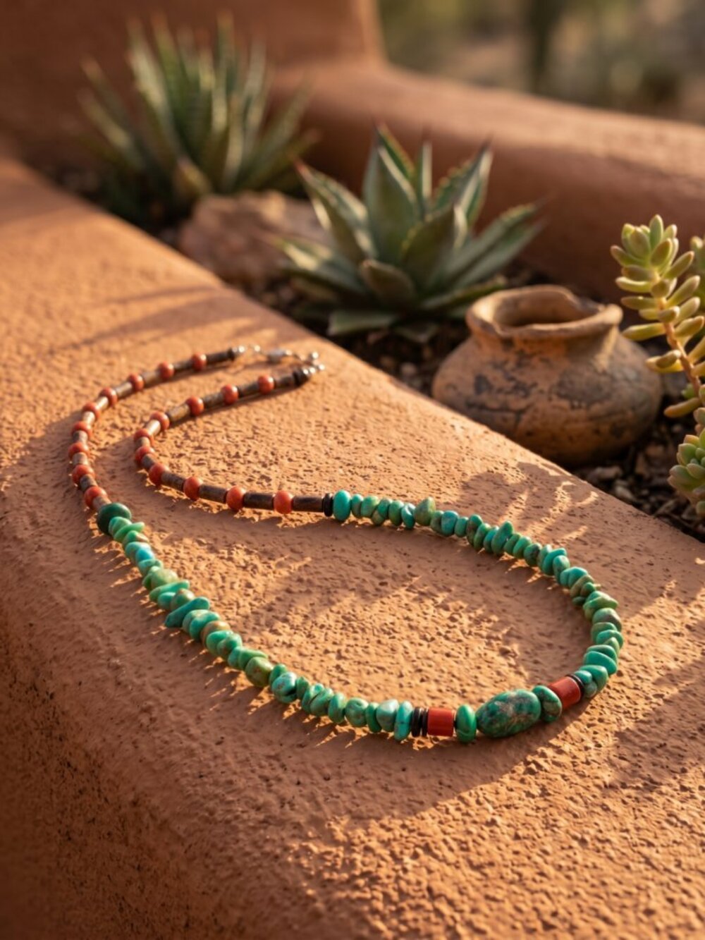 Genuine Southwestern Native American Turquoise & Red Coral Bead Necklace - Picture 5 of 14